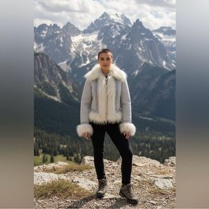 Bebe Light blue Faux Shearling Trim
Leather Jacket